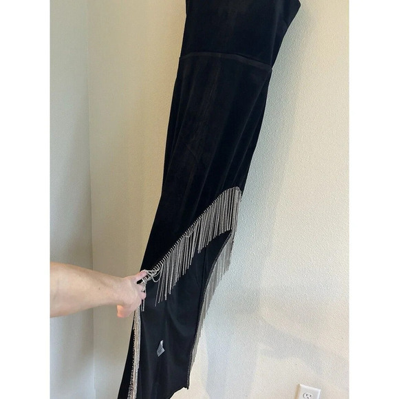 City Studio Velvet Fringe Detail Side Slit Long Mob Wife Whimsy Goth Dress 1 - Picture 5 of 14